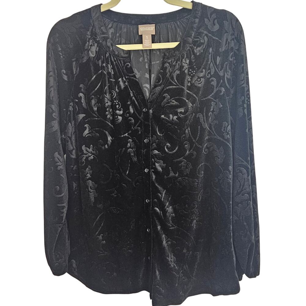 Chicos Womens Velvet Floral Tunic Top Sz M Whimsygoth Dark Romantic Witchy Vamp